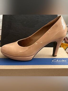 Clarks Patent Nude/Beige High Heel Platform Pump